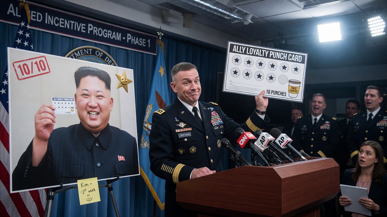 A whiteboard chart titled 'Ally Loyalty Point System' with South Korea's score crossed out and North Korea's column marked 'Pending.'