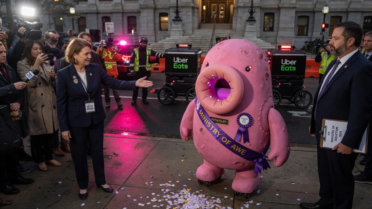 Editorial press photo of a pink potato-shaped robot on a Philadelphia sidewalk beside delivery robots, cinematic news photograph style.