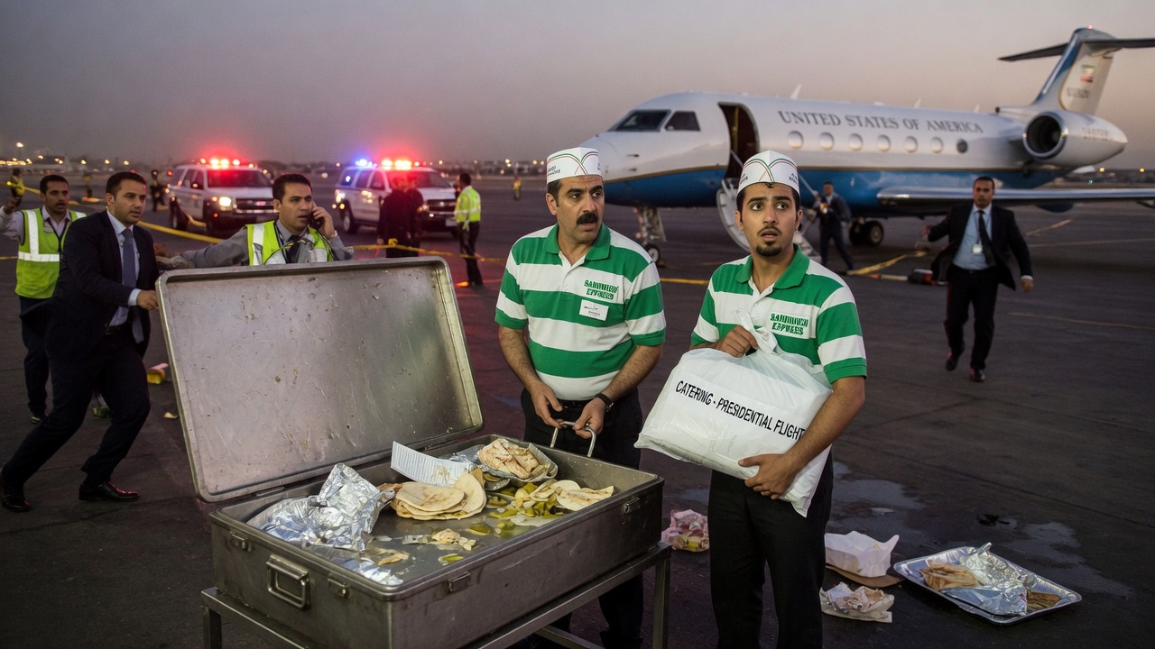 A catering container being loaded onto a military jet on an airport tarmac at dusk.