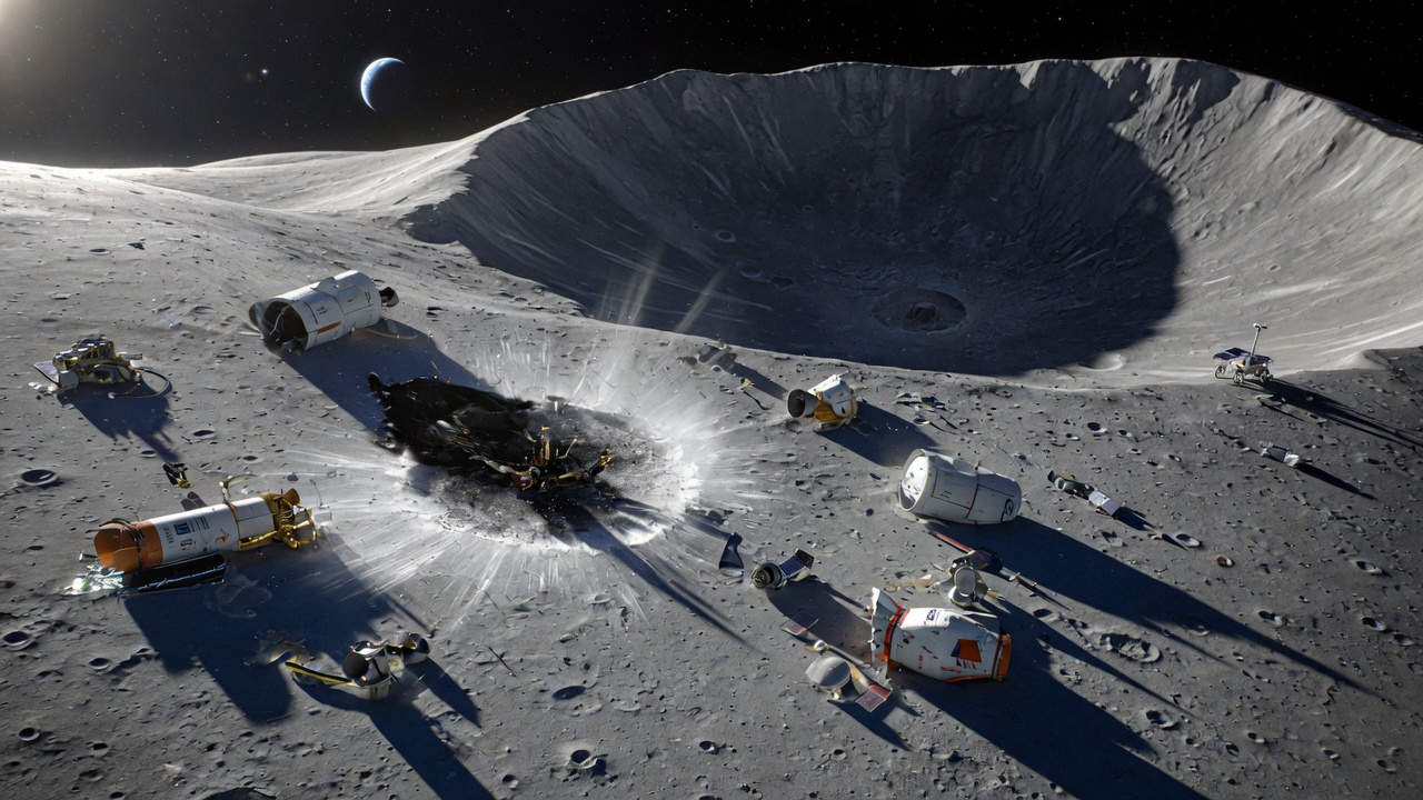 Illustration of a rocket stage crashing near a labeled 'Einstein Crater' sign on the lunar surface, with a small debris cloud shaped like a skid mark.