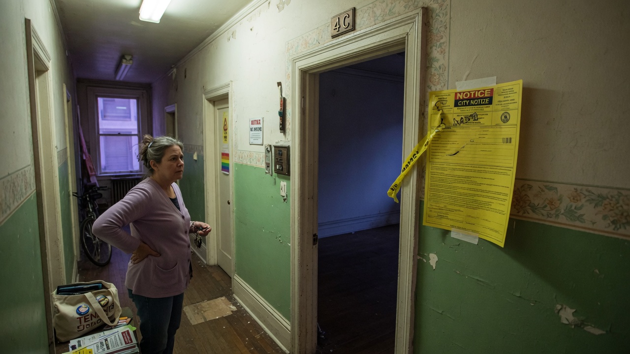 A San Francisco apartment hallway with an empty doorway and a blank notice, shot like a press photo.