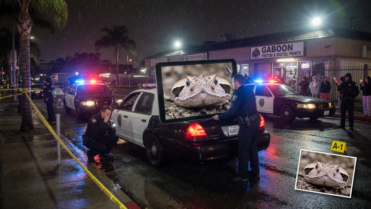 Editorial press photo of police and wildlife responders searching a suburban Santa Ana backyard at dusk, cinematic news photograph style.