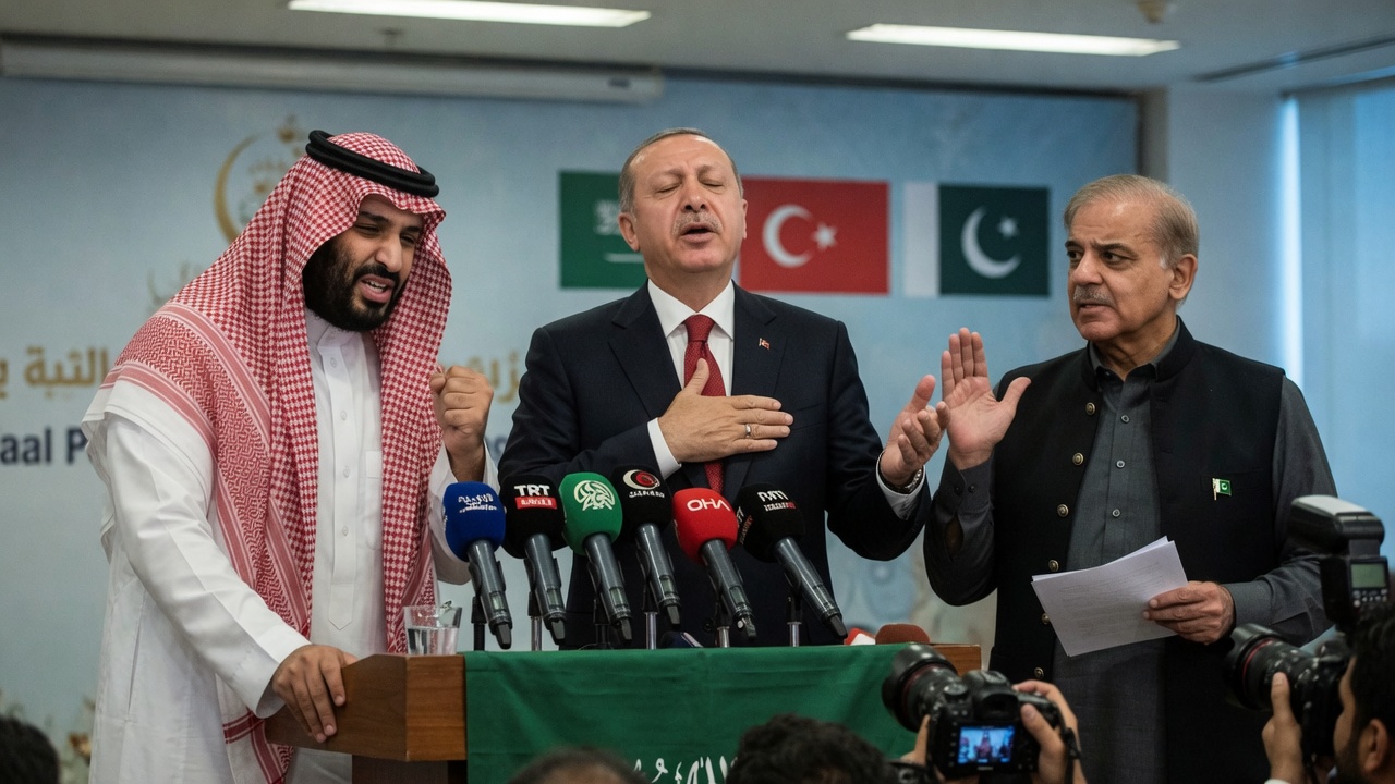 Officials from Saudi Arabia, Turkey, and Pakistan shake hands beside a table of matching challenge coins.