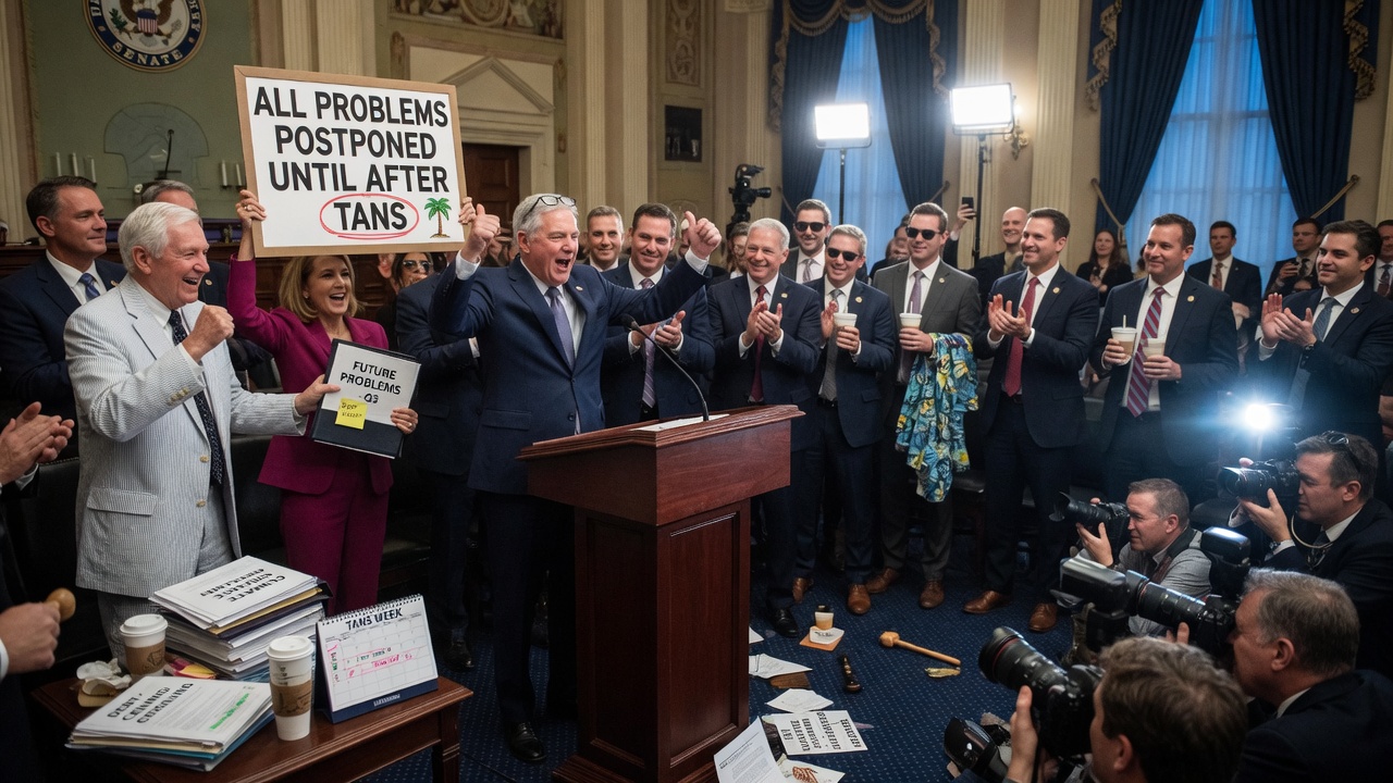 Senators wheeling luggage past a whiteboard reading 'ACTUAL BUDGET = TBD (after tans)'
