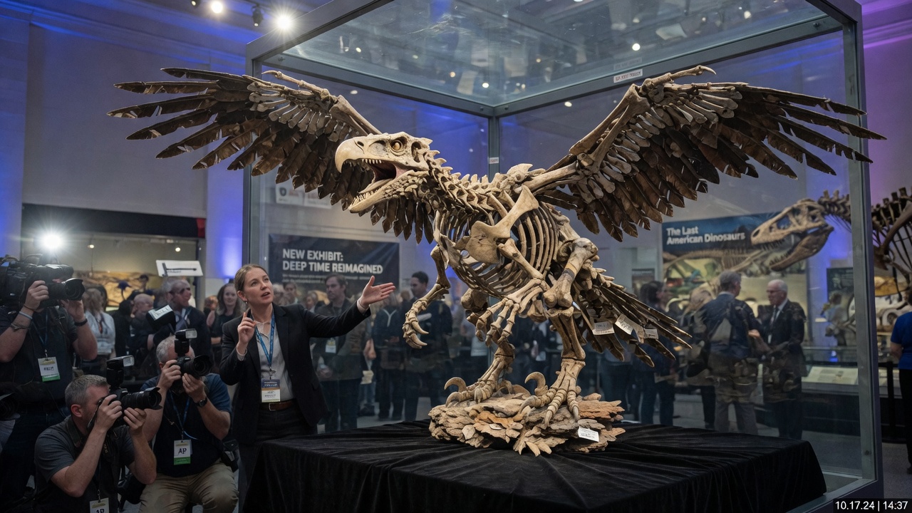 A bald eagle sculpture assembled from dinosaur bones stands beside a mirror exhibit labeled 'You.'