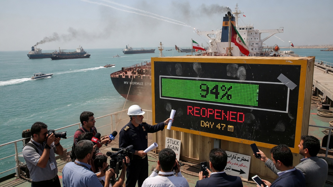 A cartoon oil tanker idles outside a giant strait labeled '94% REOPENED' with a spinning Omani flag emoji hovering above.