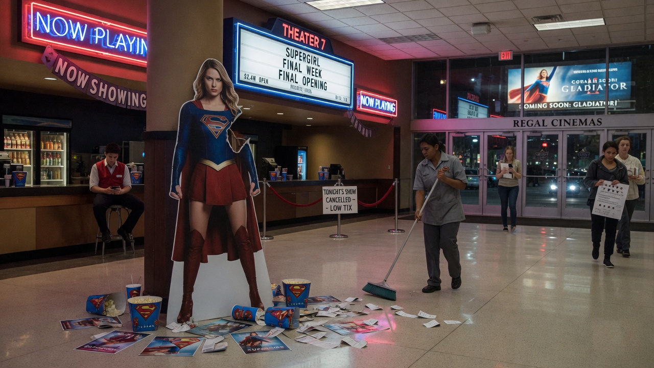 Ron Rugundy at the anchor desk beneath a graphic reading 'SUPERGIRL: A NATION MOURNS ITS ROI', gripping the desk with visible emotion.