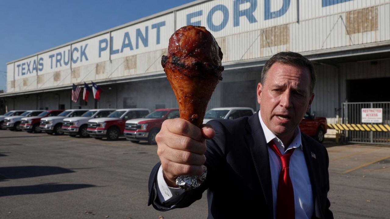A turkey leg held at chest height in front of a Texas truck plant, shot like a press photo.