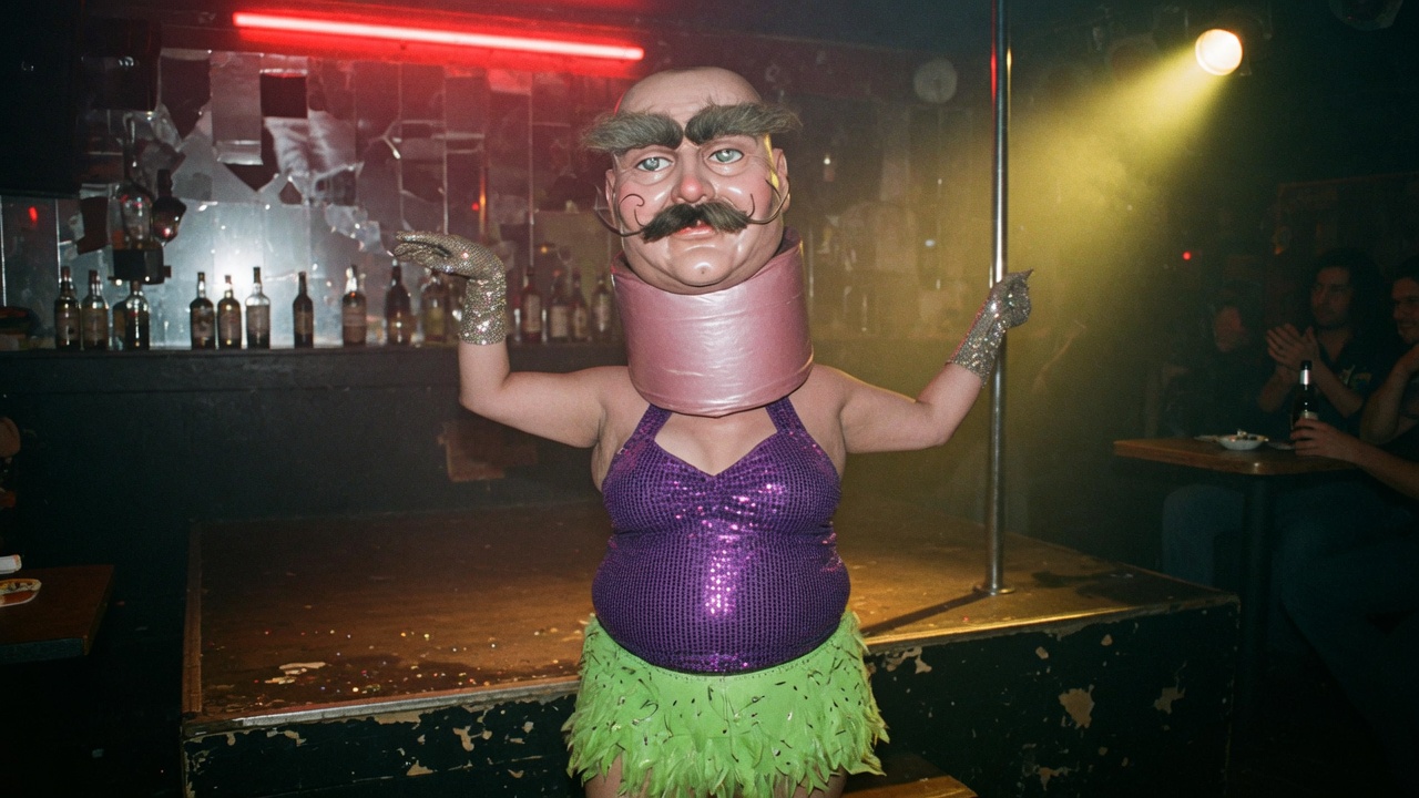 An uncanny bar dancer with a neck thicker than his head and three mustaches, not a real person, shot like a press photo.