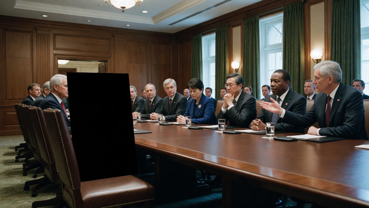 World leaders seated at an energy meeting, one place taken by a solid black rectangle, shot like a press photo.
