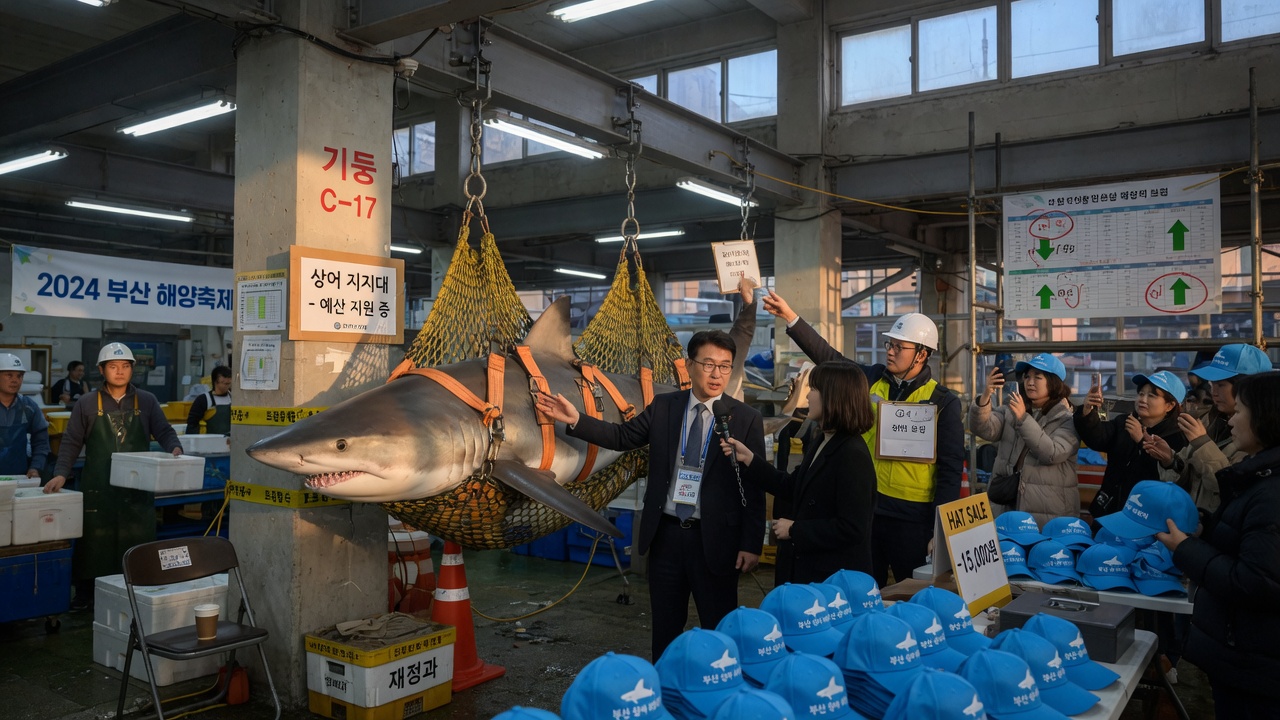 A cardboard cutout of a shark stands beside a souvenir stall with bucket hats and bottled canal water for sale.