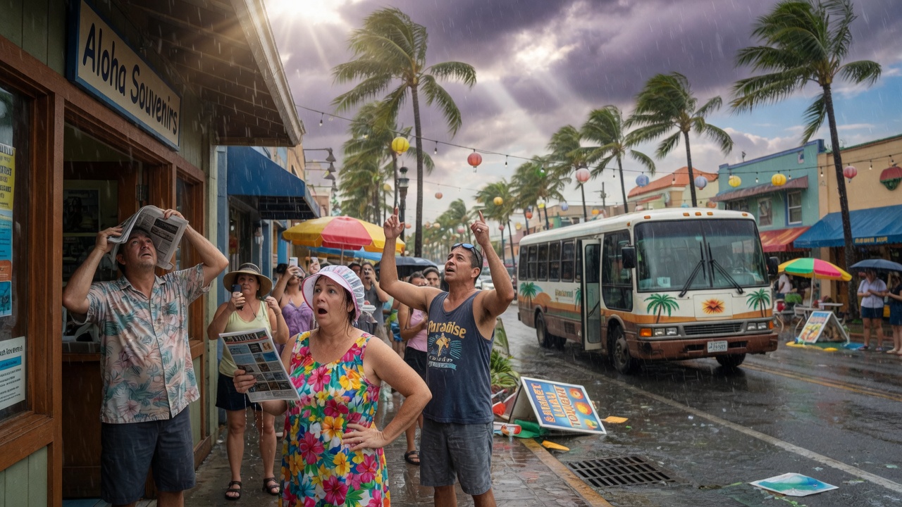 A palm tree bends sideways in heavy wind and rain on a Hawaiian coastline while a hotel gift shop sign advertises hurricane t-shirts.