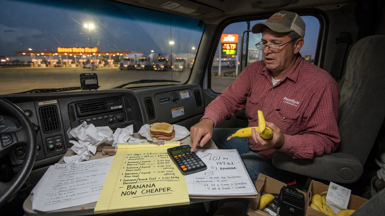 A lone trucker stands beside a whiteboard full of math, holding a single banana next to a parked rig.