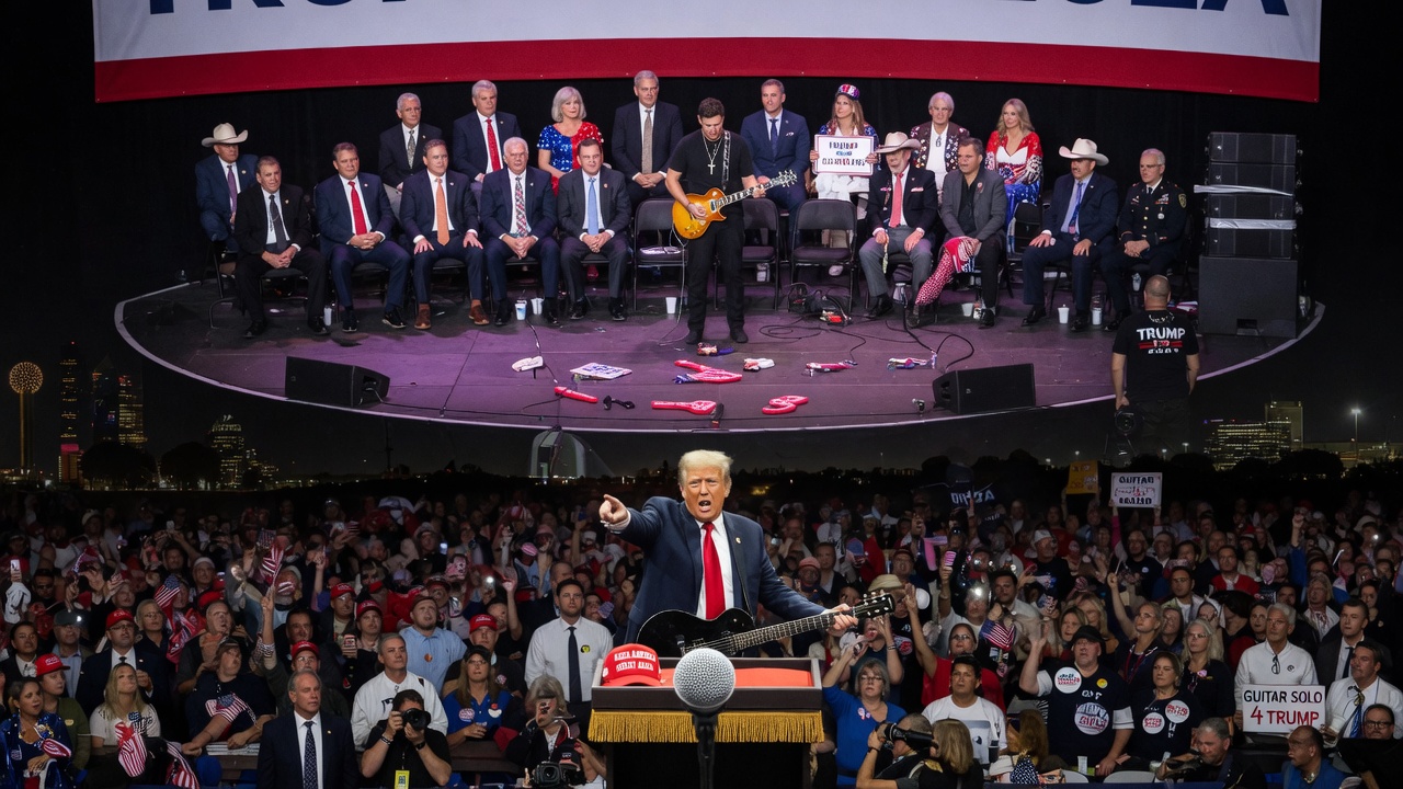 A packed arena stage with red-white-and-blue banners and a single spotlight on a lone microphone stand.
