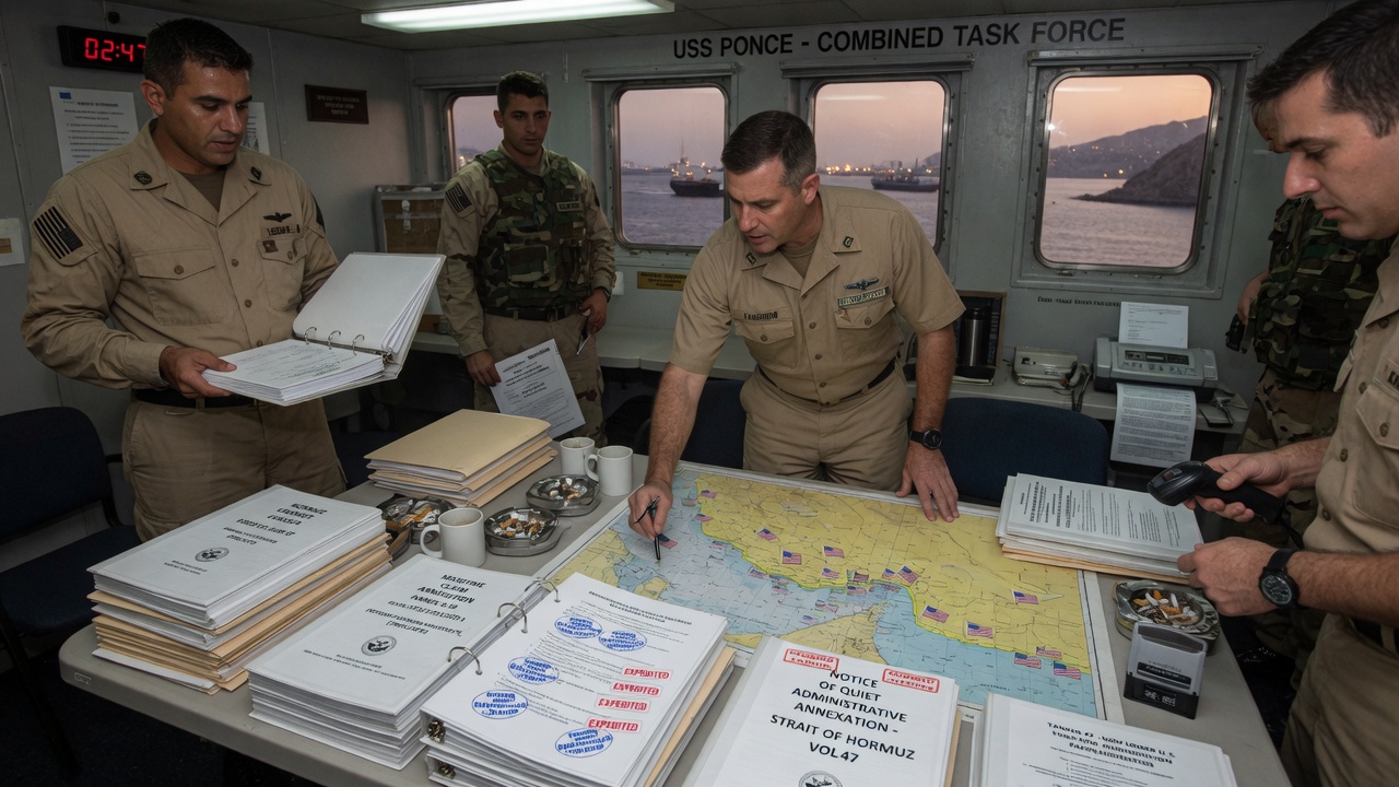A Navy vessel alongside a boarded commercial ship in the Strait of Hormuz, with a clipboard of paperwork visible on deck.