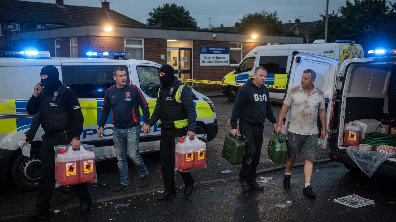 A UK counter-terror officer stares at a red petrol can and a grill, visibly reconsidering a decision.