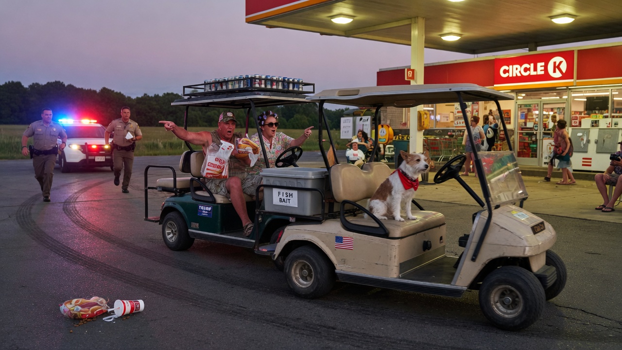 Editorial press photo of a golf cart and sedan on a suburban Florida street with a golden retriever riding in the cart, daytime, cinematic news photograph style.