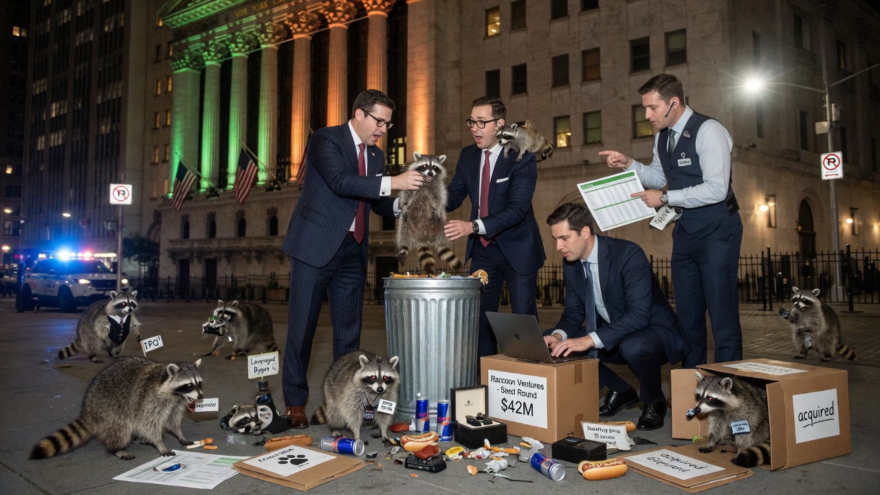 A cartoon raccoon in a tiny Wall Street suit stands before a chalkboard covered in ticker symbols and rocket emojis.