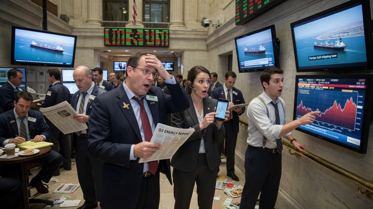 A trading floor analyst stares intensely at an oil price chart while clutching a coffee cup.