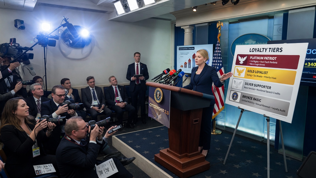 A DHS spokesperson gestures at a laminated citizenship tier chart during a press briefing.