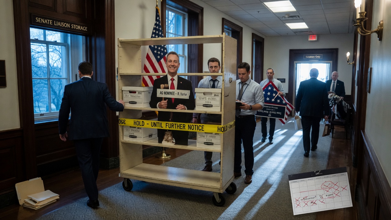 A folder labeled 'AG Nomination — Do Not Open Until Retirement' sits on a Senate desk next to two empty chairs.