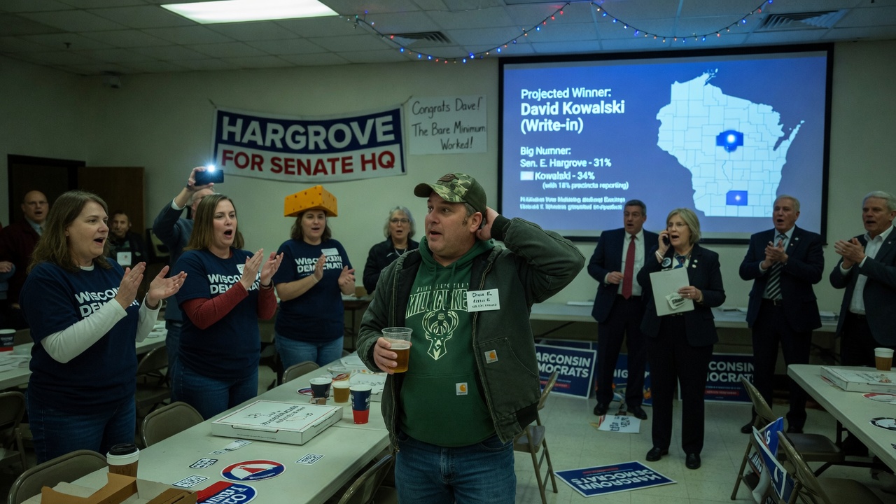 A folding chair with a single printed endorsement letter taped to a bare campaign office wall.