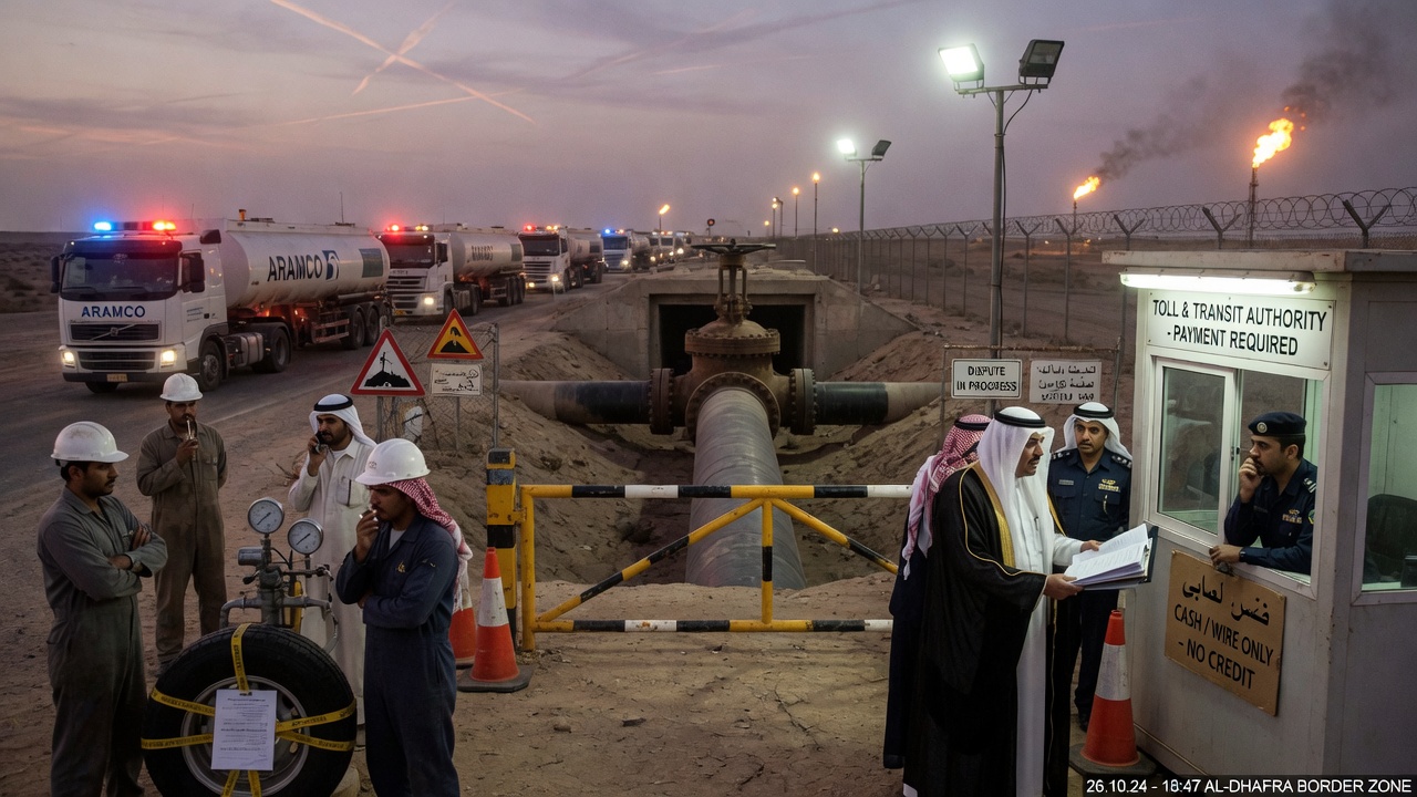 A cargo tanker sits idle near a narrow strait as officials in suits huddle over papers on a dockside table.